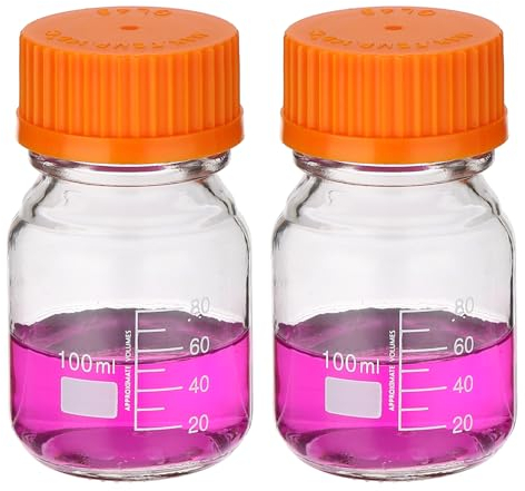PATIKIL 2 Pack Reagent Media Storage Bottles, 100ml Borosilicate Glass Graduated Round Bottles with Orange GL32 Screw Cap for Lab Water Reagent Liquids, Clear