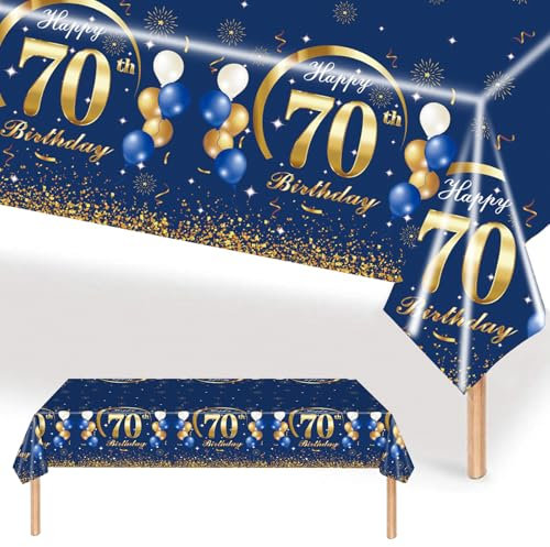 MORAINJAY Birthday Tablecloth for 70,Navy Blue Table Cloth for 70th Birthday Party,137x274cm Table cover,Rectangular Waterproof Tablecloth for Men,Women, Birthday Party Supplies Table Decor