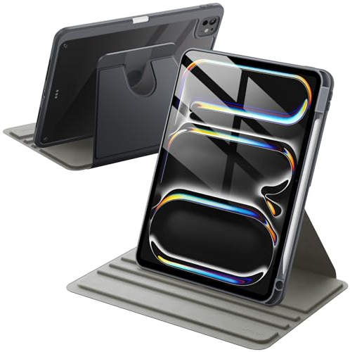 JETech Custodia Rotante per iPad Pro 11 Pollici M4 2024 (5a Generazione) con Portapenne, 360 Rotazione dei Gradi Protettiva Supporto Cover Trasparente Retro (Grigio Siderale)