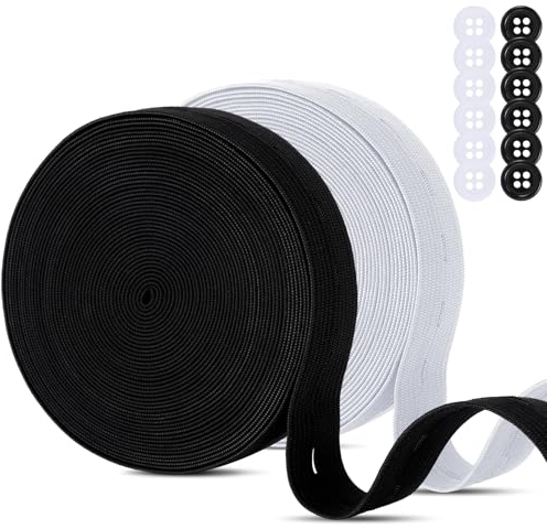 2 Rouleaux Bande Élastique Lourde Noir Blanc, 20mm x 14m Boutonnière Ruban Élastique à Trou de Bouton, Bobine Haute Élasticité en Sangle avec Trous Boutons pour Pantalons Vêtements de Maternité