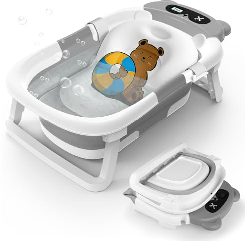 Faltbare Baby Badewanne von 0-12-24 Monaten Geeignet, Babybadewanne mit Thermometer Neugeborene Portable Baby Bathtub Platzsparend Babybadezubehör