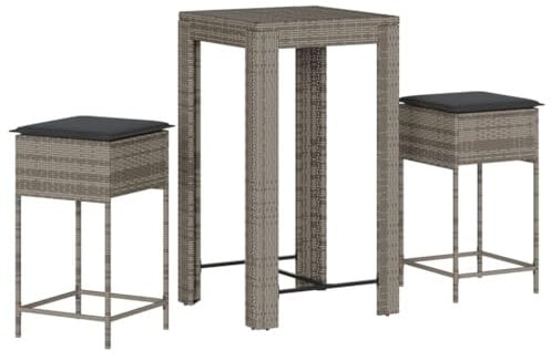 vidaXL Gartenbar Set 3-TLG., Gartenmöbel mit Kissen, Bartisch Stehtisch Barhocker Barstuhl, Theke Bar Tresen Gartentheke Sitzgruppe, Grau Poly Rattan