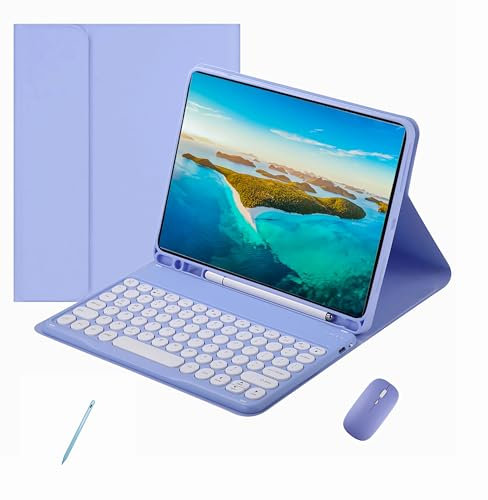 XFTeoux Etui Clavier pour iPad 7/8 / 9ème génération 10.2 2019 2020 2021,Clavier sans Fil Bluetooth détachable, étui Cuir Folio avec Stylet et Souris,Violet