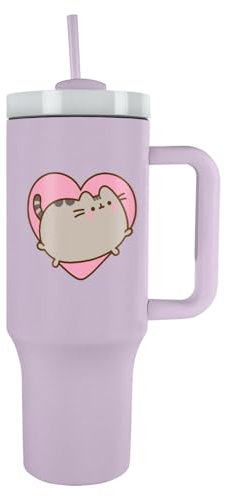 Pyramid International Pusheen Heart Trinkbecher mit Strohhalm und Deckel, fortschrittliche doppelwandige Vakuumisolierung, hält bis zu 11 Stunden kalt, bis zu 7 Stunden heiß, BPA-frei