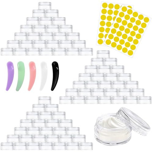 UZSUZZ Beauty Refillable Containers 100 Pcs Sample Pots, 5ml/5g Travel Cosmetic Jar, Small Plastic Containers, Empty Clear Tin Bottles with Lids Labels Spatula, Makeup Accessories for Toiletries