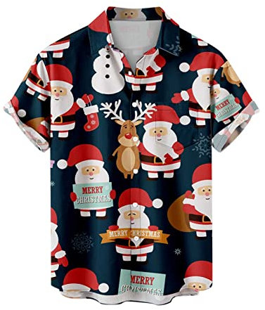 luoluoluo Funny Christmas Shirt for Men UK Xmas Hawaiian Shirts 3D Print T Shirt Santa Claus T-Shirt Button Down Shirt Short Sleeve Tops Snowflakes Pullover Front-Pocket Lapel Shirt Cotton Tshirt