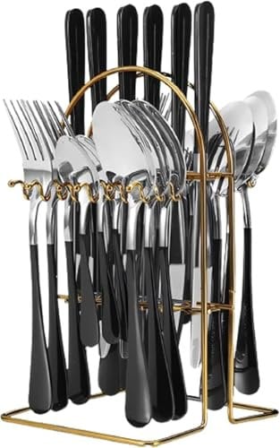 24 Pieces Flatware Set, Stainless Steel Cutlery Set with Silverware Holder Spoons Forks Knives, Utensils Set Service for 6 People, Silverware Set for Restauroom Wedding Birthday Parties (Silverblack)