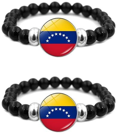 ZENRUIMING 2 pulseras elásticas de cuentas negras con la bandera de Venezuela, hechas a mano, pulsera de recuerdo de viaje con bandera de Venezuela, pulsera de animación para fanáticos del deporte,