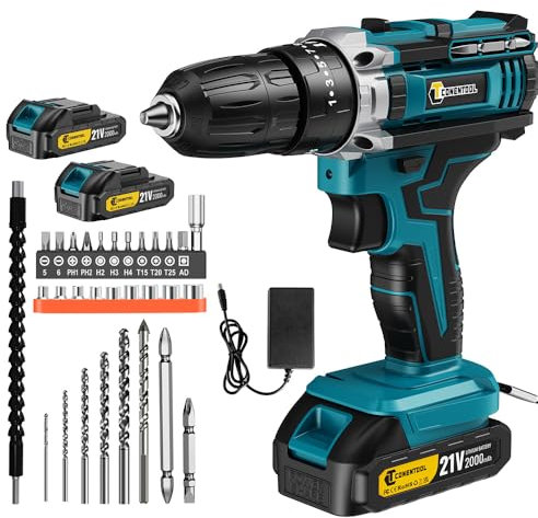 CONENTOOL Trapano Avvitatore Batteria 21V, Trapano a Percussione 45Nm Max con 2 Batteries 2.0Ah, 2 Velocità, 25+3 Coppia, 30 Accessori, Luce a LED, Per il fai da te, in Casa e Giardino (2025)