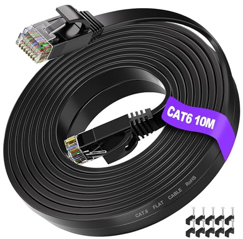 ikbc Ethernet Cable 10m, Cat 6 Flat Ethernet Cable 10m High Speed Internet Cable, RJ45 Gigabit LAN Cable 10 meter 1Gbps Broadband for Router PS4/5 (10 Clips)