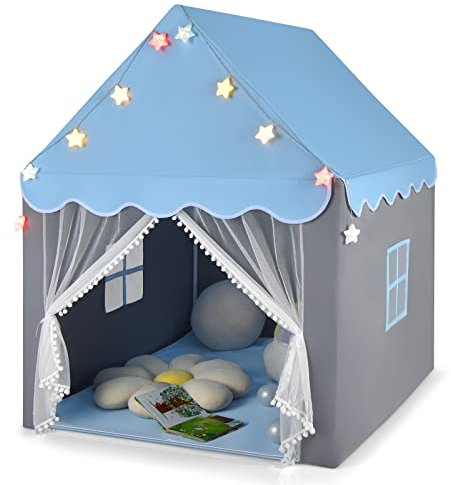 HOMASIS Kinderzelt für Indoor, Spielhaus mit Matte & Sternlichtern & Fenstern & doppeltem Vorhang, Kinder Spielzelt Prinzessin Kinderspielzelt für Mädchen & Jungen, Bettzelt Tipi Zelt (Blau)