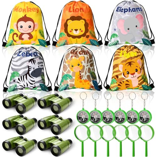 Toyssa Dschungel Tiere Party Mitgebsel Kindergeburtstag Gastgeschenke mit Turnbeutel Fernglas Lupe Kompass, Jungle Give Aways Mitbringsel Kindergeburtstag für Kinder Jungen Mädchen