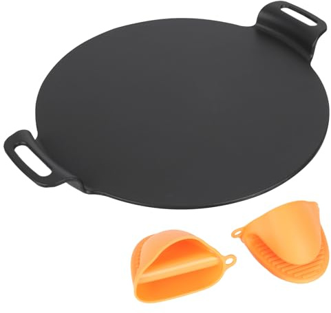 Grilleroy 15 Inch Cast Iron Pizza Pan – PreSeasoned Tawa Dosa Pan Round Griddle with Silicone Handles for Oven, Grill & Stovetop, Baking