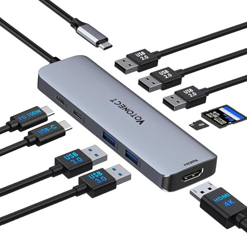 Votonect Hub USB C 10 en 1 con adaptador HDMI 4K, lector de tarjetas SD/TF, carga PD de 100 W, 2 puertos USB 3.0 y 3 puertos USB 2.0 para MacBook Pro/Air, Dell XPS, Lenovo ThinkPad, etc.