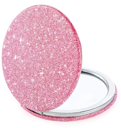 CYXZMYA Taschenspiegel Mit Vergrößerung,72mm Taschenspiegel,Leicht zu Tragen Runder Taschenspiegel,Doppelseitiger Niedlicher Kosmetikspiegel,Rosa Glitzer Handheld Klappbar Spiegel,für Frauen Mädchen.
