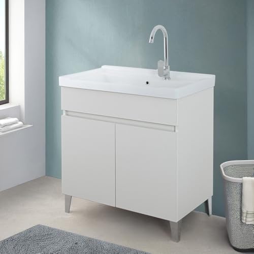 Mobile Lavatoio 79x46,8 Cm Bianco Frassinato Con Vasca In Ceramica Dotata Di Zona Strofinatoio, Struttura Già Montata In Legno Nobilitato Con 2 Ante Apribili A Gola