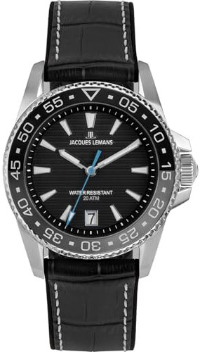 JACQUES LEMANS 1-2205A Herrenuhr Liverpool Diver Silikonband mit Leder Oberfläche 41 MM Datum 20 ATM