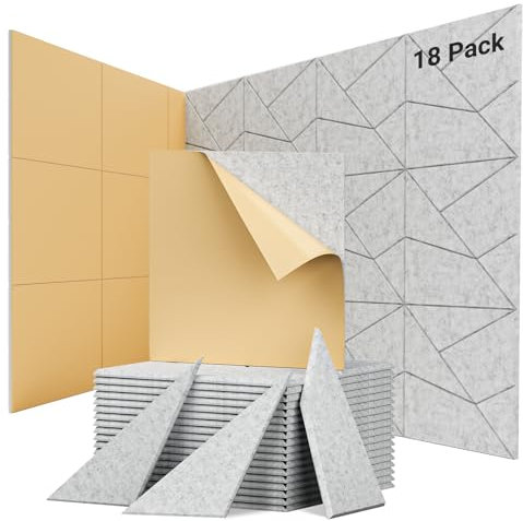 Acoustic Wall Panels, 18 Pack Decorative Sound Absorbing Panel for Walls, Doors & Ceilings, Self-Adhesive Acoustic Tiles for Office, Recording Studio, Gaming Room Pared (12x12x0.4, Grey)
