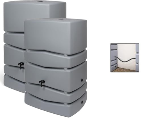 Kreher Regentonne XXL Aqua Tower 2er-Set Kunststoff (Grau, 2 x 450 L) | Wassertonnen mit Verbindungsstück im schlichten Design, ideal zur Regenwassersammlung im Garten
