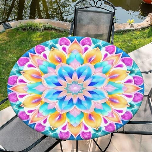 Outdoor Runde Tischdecke mit Gummizug Ø 36(90cm) - Elastisch Garten tischdecke mit Blühendes Mandala Muster Passend für 75-85cm breite Tische