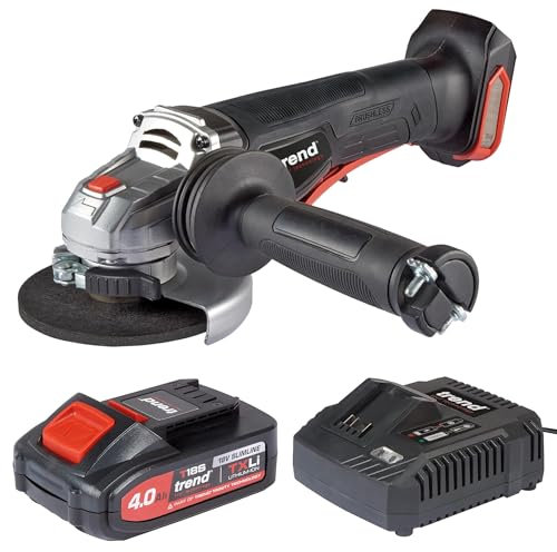 Trend 18V Akku-Winkelschleifer mit bürstenlosem Motor, Anti-Vibrationsgriff und Schnellspannmutter, inkl. 4,0Ah Akku und 230V Schnellladegerät, T18S/AG/EURO
