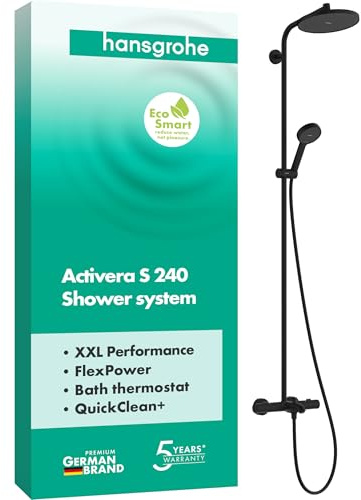 hansgrohe Activera S - wassersparendes Duschsystem (EcoSmart) mit Wannenthermostat, Regendusche mit Wannenarmatur, Handbrause (2 Strahlarten), Schlauch, Stange und Kopfbrause, Mattschwarz, 28871670