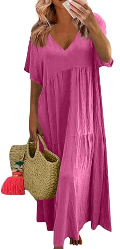 Robe Femme en Coton Lin Chic et Elegant D'Été À Manches Courtes À Col en V De Couleur Unie Respirant Grande Taille Robes De Plage 2025 Mode Fluide Swing Décontractée Cocktail Club Dresses