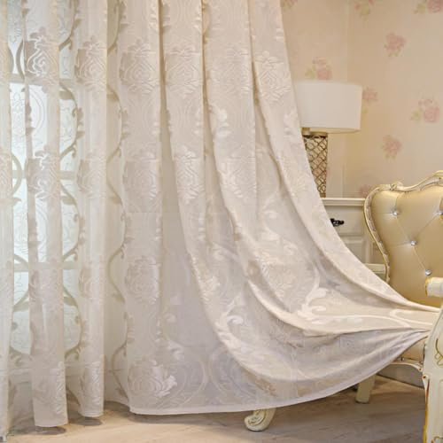 Vintage Vorhang Halbtransparent Ösen Barock Muster Landhausstil Ösenvorhang | Crème Gardinen Transparent Lichtdurchlässig Romantisch Gardine Ösenschal 2er Set 140x245