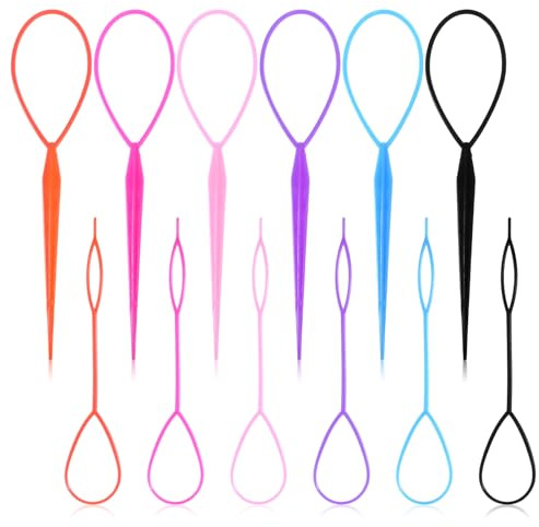 12 PCS Topsy Tail Hair Tool Set Hair Pull Through Tools Ponytail Loop Styling Tools in Large and Small French Braiding Hairs Tool for Women 6 Colors