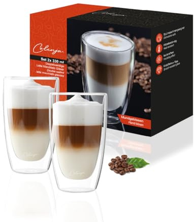 Colenja Juego de 2 tazas latte macchiato de cristal doble pared 250ml - Vasos café con leche - Cristal elegante y resistente a los arañazos - Idea regalo - Borosilicato - Aptos para lavavajillas