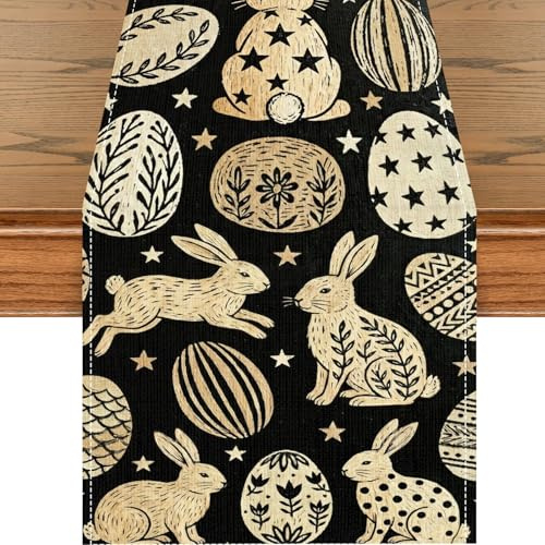 Afritee Hasen Tischläufer Ostern Dekoration, Schwarz Ostereierr Ostertischdecke Tischdeko Party Wohnzimmer Dekor, Frühling Küche Tischläufer Table Runner Tisch Dekoration 40*140cm