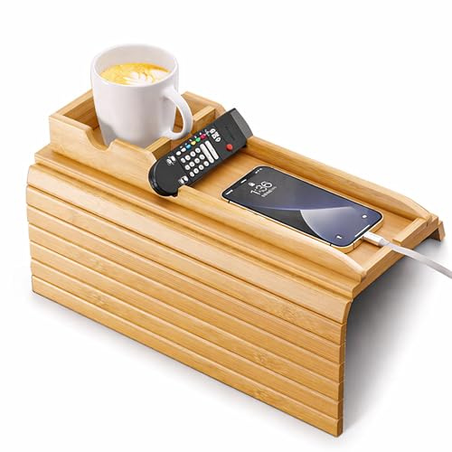 Foldable Bamboo Sofa Arm Tray with Side Pocket & Arm Phone Holder – Wooden Couch Armrest Table for Drinks, Snacks, Magazines, and Remotes