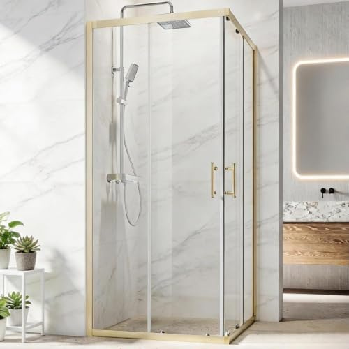 SUNXURY Cabina doccia angolare 80 x 80 cm, doppia porta scorrevole, cabina doccia completa con porta scorrevole in vetro di sicurezza monolastra da 5 mm (ESG), altezza: 195 cm, telaio in oro