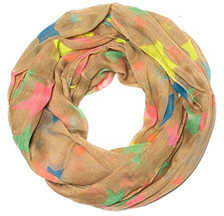 Kandharis leichter, kleiner, halbtransparenter Sommer Loopschal Schlauchschal aus der aktuellen Kollektion Muster-Mix Dots Sternen Bart Brille Retro Streifen Neon viele Modelle: Neonfarben & Pastellfarben S16-Hellbraun Braun