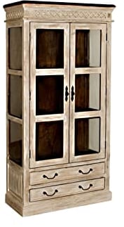 MASSIVMOEBEL24.DE | Castle-ANTIK Vitrine aus Massivholz #71 | aus Mangoholz - Weiß, gewachst | 2 Glastüren - 2 Schubladen | 90x45x180 cm | Schrank Glasvitrine Hochschrank