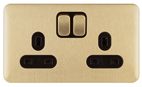 Schneider Electric - Lisse Screwless Deco, Switched Double Power Socket, 13A, Satin Brass with Black Insert, GGBL3020BSB