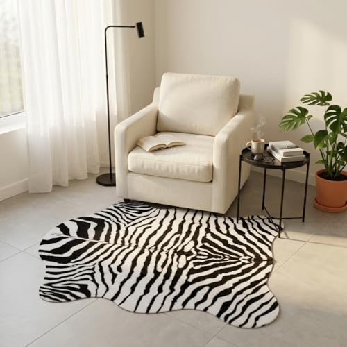 MustMat Kunstfell-Teppich, 140,2 x 158,5 cm, weicher und niedlicher Zebra-Überwurf für Wohnzimmer