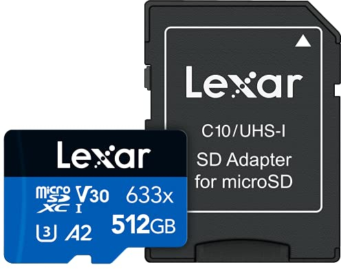 Lexar High-Performance 633x 512GB Micro SD Card, microSDXC UHS-I Card w/ SD Adapter, Up to 100MB/s Read, TF Card for Smartphones, Tablets, and Action Cameras (LSDMI512BBEU633A)