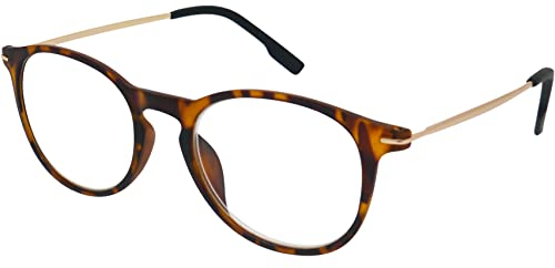 Moderne Nerd Lesebrille mit große Runde Gläsern - mit Gratis Etui, Kunststoff Rahmen (Leopardenmuster) und Metall Bügeln (Gold), Hornbrille Damen und Herren +2.5 Dioptrien