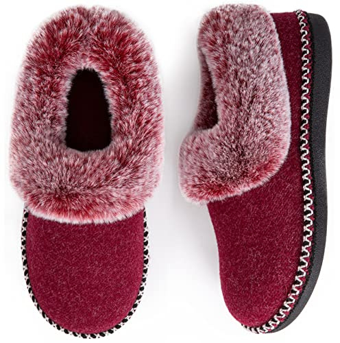 EverFoams Women's Bootie Slippers Warm Soft Comfy Memory Foam Non-slip Indoor House Shoes with Fluffy Collar Burgundy Size 9 UK