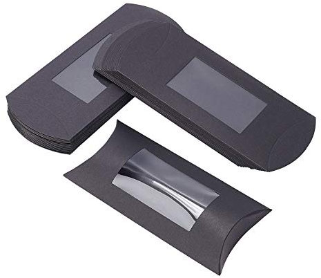 BENECREAT 30PCS 16x7.5x2.5cm Black Kraft Paper Pillow Boxes with Clear Window, Candy Packaging Box Treat Box for Shower, Birthday and Wedding Party