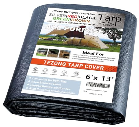 Lonas Resistentes e Impermeables de 6 x 13 pies, Lona Grande de plástico, Lona de Polietileno, 12 mil de Grosor, Multiusos, para Exteriores, para Lluvia o Sol, Techo, toldo, Patio, leña