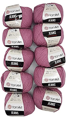10 x 50g Strickwolle YarnArt Jeans einfarbig mit 55% Baumwolle, 500 Gramm Wolle uni (altrosa 65)