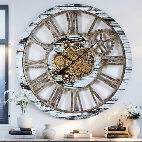 ImprovingLife Wanduhr mit beweglichem Zahnrad, 91,4 cm, Vintage, Industrial, rustikal, Grau und Weiß