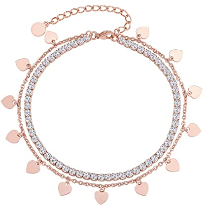 KRKC&CO 4mm Tennis Fußkettchen Damen Herz Plättchen, Rosegold beschichtet Tennis Fußkette, Länge verstellbar Iced Out Fußband mehrreihige Kette Knöchel Armband, Geschenk für Mädchen Frauen