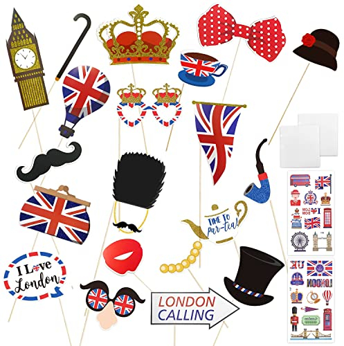 20 Stück Foto-Requisiten, 2 Stück Tattoo-Aufkleber, Queen's Platinum Jubilee Photo Props,Party Requisiten 2022, Queen's Party Jubilee Tattoo Aufkleber, British Selfie Requisiten Party Decorations