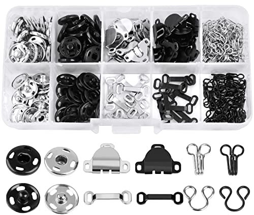 200 Pcs Press Studs, Snap Fasteners, Rust Proof Poppers Fasteners, Sturdy Hook and Eye Fastenings, Metal Press Studs Snap Fasteners, Hook and Eye Latch Sewing for Skirt Bra Trousers DIY (3 Styles)
