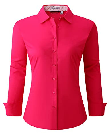 Alex Vando Camisas de vestir para mujer, sin arrugas, ajuste regular, manga larga, elástica, para trabajo, Fucsia, M