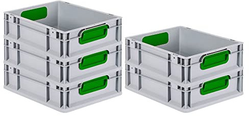 PROREGAL SuperSparSet 5x Eurobox NextGen Color | HxBxT 12x30x40cm | 11 Liter | Griffe grün geschlossen | Glatter Boden | Eurobehälter, Transportbox, Transportbehälter, Stapelbehälter