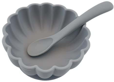 Alimos Scalloped Edge Silicone Baby Weaning Bowl and Spoon Set BPA-Free Baby Led Weaning Suction Base Baby Bowl (Pale Grey)